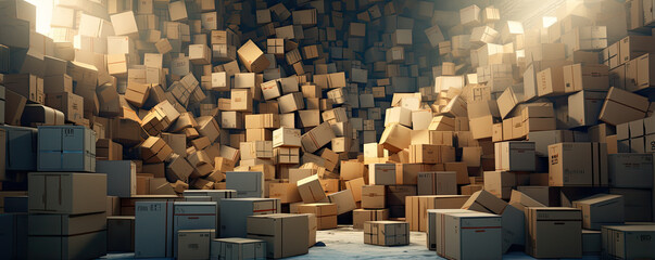 A pile of diverse unnamed boxes in small warehouse.