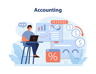 Professional diving into accounting tasks. Man analyzing financial charts, tracking income, and managing expenses. Precision in financial planning. Flat vector illustration.