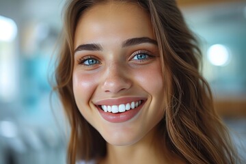 Captivating portrait of a joyful woman, showcasing her radiant smile and natural beauty with her expressive brown eyes and glossy lips, radiating confidence and warmth towards the camera