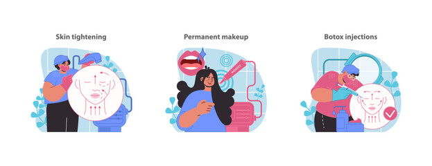 Cosmetic enhancement set. Non-surgical skin tightening, permanent makeup application, and facial botox treatments for youthful looks. Flat vector illustration.