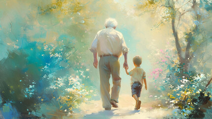 Old age. Grandfather and grandson are walking in the forest.