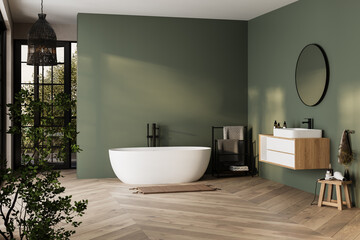 Modern minimalist bathroom interior, bathtub and bathroom cabinet, white sink, interior plants, bathroom accessories, parquet floor, green wall.