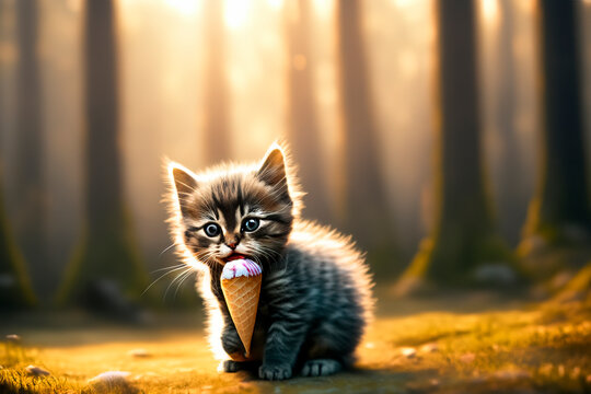 Kitten eating ice cream cone in the forest bathed in sunlight. AI generated.