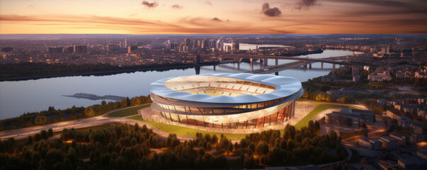 Modern new soccer stadium in evening sunset light, top view. - obrazy, fototapety, plakaty