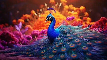 A colorful bright peacock sitting with realistic background, generated by AI