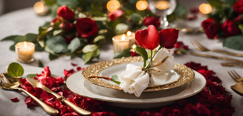 Obraz na płótnie Canvas Valentines day or wedding dinner with table place setting with red roses and cutlery. Valentine's card love