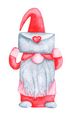 Dwarf with a letter, envelope. Watercolor illustration. Love letter. Romance, love, Valentine's Day, Birthday. Pink, red, gray colors. For printing on greeting cards, stickers, fabric, t-shirts