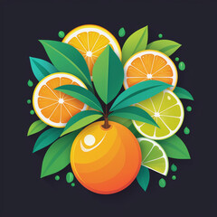 Oranges with leaves on black background