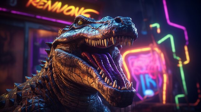 Alligator neon somber artwork top-down Ai generated art