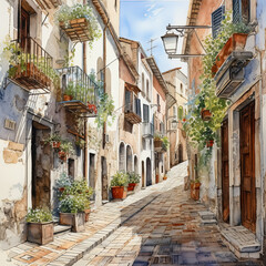 Fototapeta premium A street in the old Mediterranean town. Watercolor illustration.