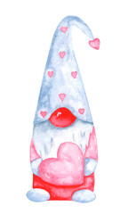 Gnome with a heart. Watercolor illustration. Romance, love, Valentine's Day, Birthday. Pink, red, gray colors. For printing on greeting cards, stickers, fabric, t-shirts