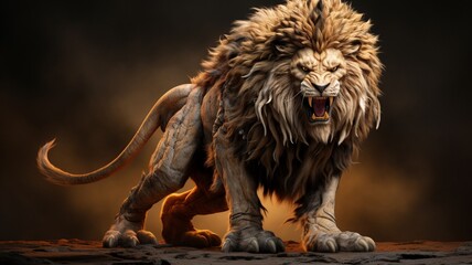 A hungry lion standing aggressively with hyper realistic artwork, created by AI Photo - obrazy, fototapety, plakaty