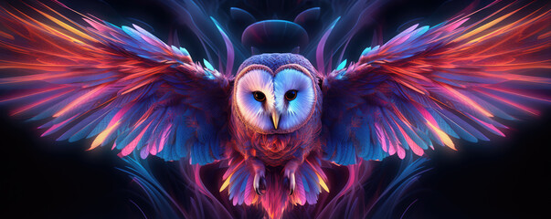 Purple neon owl on black background. graphic owl portrait in bright colors - obrazy, fototapety, plakaty