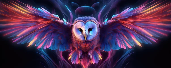 Rolgordijnen Purple neon owl on black background. graphic owl portrait in bright colors © Alena