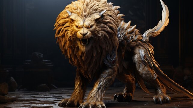 A hungry lion standing aggressively with hyper realistic artwork, created by AI Photo