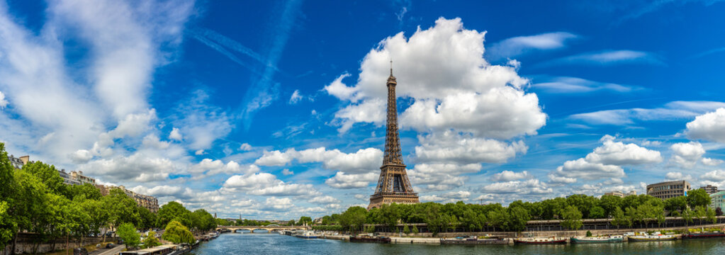 Panorama of Eiffel tower and Seine river in Paris, France