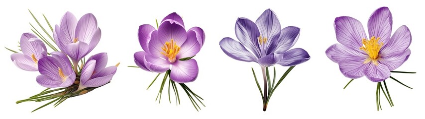 Various of violet flower. Spring flowers on transparent background, set. High quality photo. Krokus. Design element