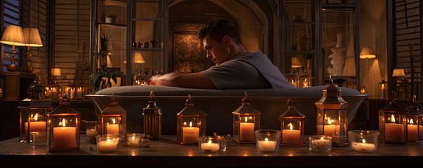 Man in spa center with candles and lit light waiting for client.