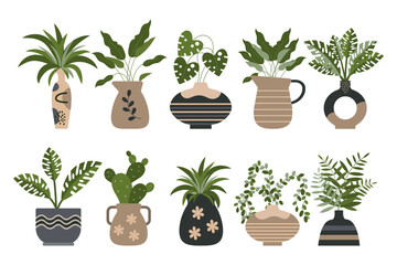 Set of indoor tropical plants in pots, hanging and floor plant pots. Plant care concept. Icons, decor elements, vector