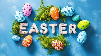 The word easter spelled in wooden letters surrounded by easter eggs