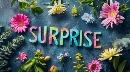 The word surprise surrounded by flowers and leaves