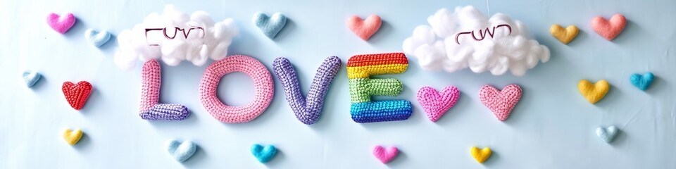 The word love is written in knitted letters