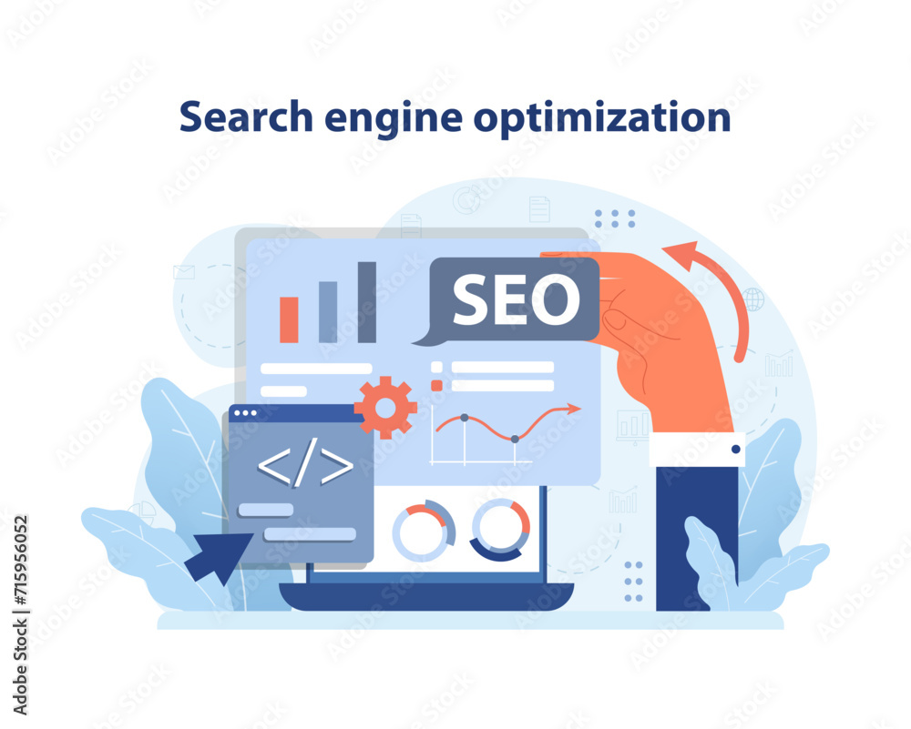 Poster seo strategy visualization. a hand fine-tunes seo elements on a screen, enhancing web visibility and