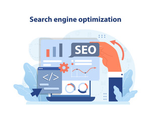SEO Strategy Visualization. A hand fine-tunes SEO elements on a screen, enhancing web visibility and search rankings. Flat vector illustration. - obrazy, fototapety, plakaty