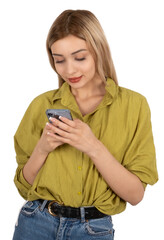 Typing message on mobile phone, portrait of young caucasian blonde woman typing message on mobile phone. Writing, checking mail, chatting by smartphone. Isolated transparent png image.