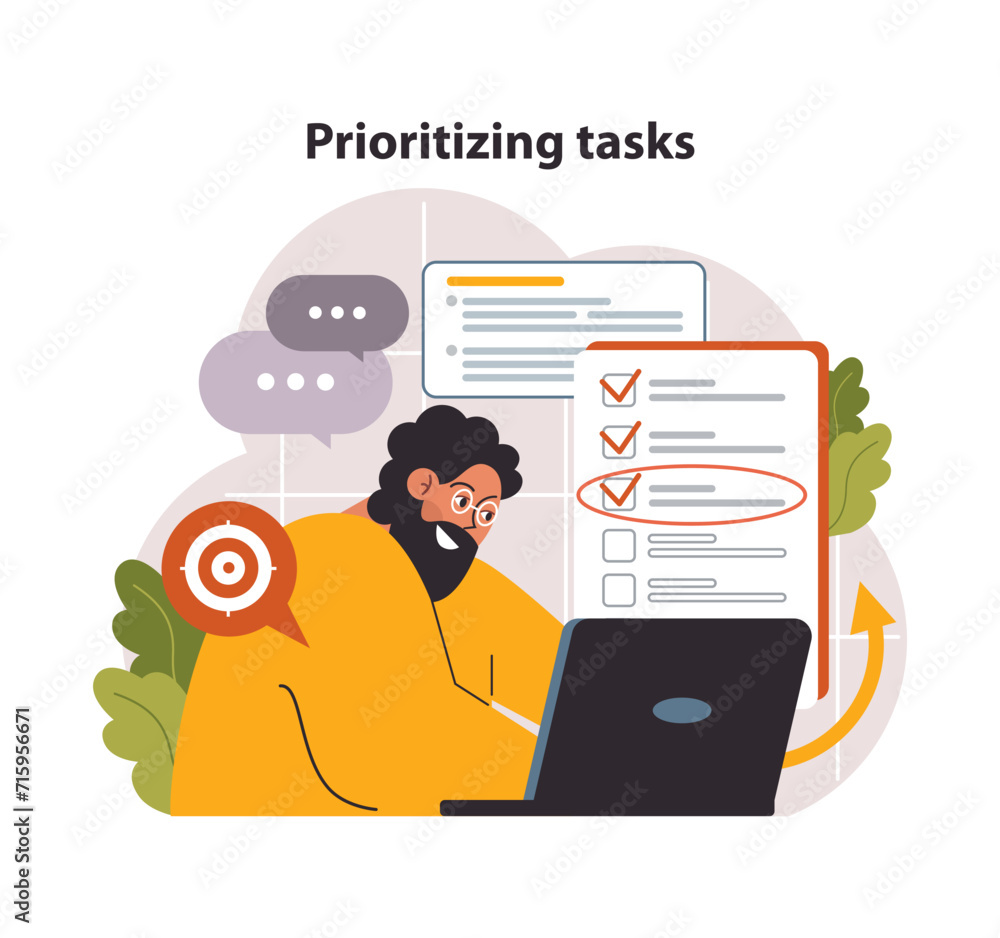 Poster prioritizing tasks concept. focused man at laptop, highlighting important items on a checklist. effi