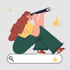 A red-haired girl looks through a telescope on the search bar. Young woman looking through a telescope at a search bar with flowers. Searching, finding, web surfing, searching opportunities concept. C