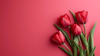 Bouquet of tulips. Mothers day, Valentines Day, Birthday celebration concept. Greeting card. Copy space for text, top view