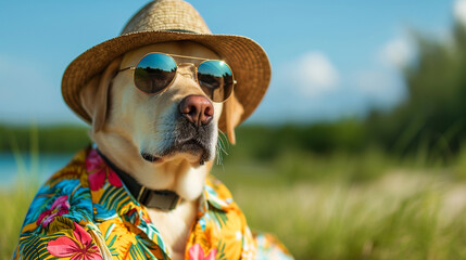 A laid-back Labrador Retriever lounging in sunglasses, a beach hat, and a tropical shirt, transforming into a beach-ready fashionista. The hilarious juxtaposition of the dog's care