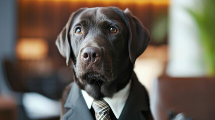 An expressive Labrador Retriever donning a dapper suit and tie, seemingly ready for a formal affair. The dog's comical sophistication and impeccable attire add a touch of humor to