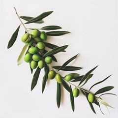 Serene olive branch adorned with ripe green olives against a pristine white background