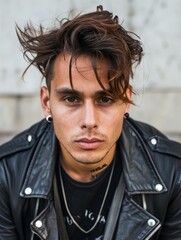 Obraz premium Photorealistic Adult Latino Man with Brown Straight Hair vintage Illustration. Portrait of a person in Punk Subculture aesthetics. DIY fashion. Ai Generated Vertical Illustration.
