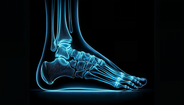 A detailed X-ray of a human foot, illuminated in blue against a black background.