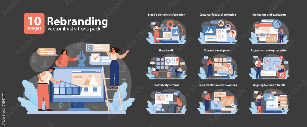 Poster rebranding vector illustrations pack. a comprehensive visual toolkit for brand transformation, audit