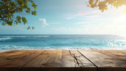 Blank Wooden table with sea background front view in png no background for advertisement. Created using generative AI. - obrazy, fototapety, plakaty