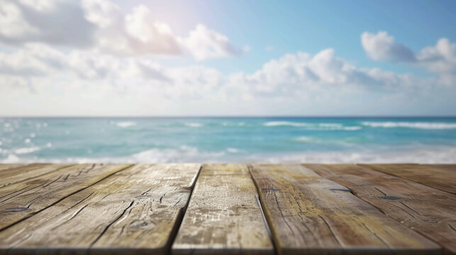 Sea background with empty Wooden table in 3d png transparent no background for new product. Created using generative AI.