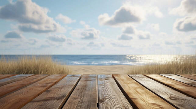 Beach background with Wooden table in 3d png transparent using for product presentation. Created using generative AI.