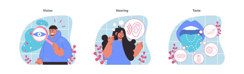 Exploring senses set. Visual, auditory, and gustatory systems in focus. Insight into human sensory perception and the science behind it. Flat vector illustration.