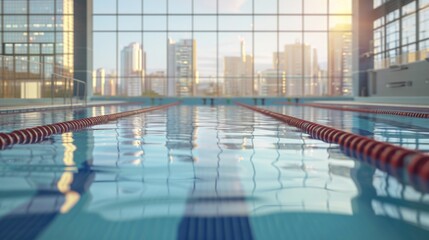 Close-up View Of Olympic Swimming Pool With Cityscape Through The Window