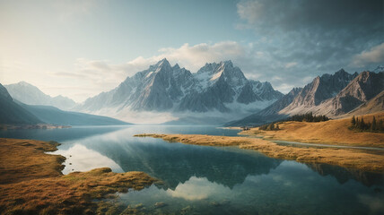 Fototapeta premium Painting of a mountain lake with a mountain