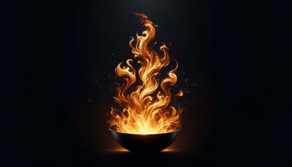 Fiery Flames in Bowl on Dark Background, Energy Concept