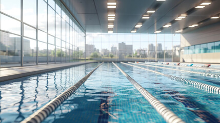 Fototapeta premium Close-up View Of Olympic Swimming Pool With Cityscape Through The Window