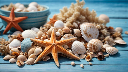 "Seaside Elegance: Shells and Starfish on a Blue Wooden Canvas"