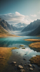 Fototapeta premium Painting of a mountain lake with a mountain