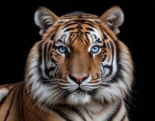 Close-up of a tiger with blue eyes. On a black background.  AI generated.