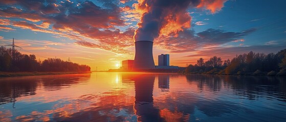 Nuclear power plant against sky by the river